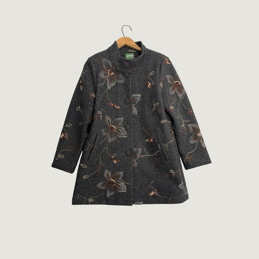Geiger Austria Pure New Wool Floral Embroidered Coat Grey Sz 40 Lagenlook Folk